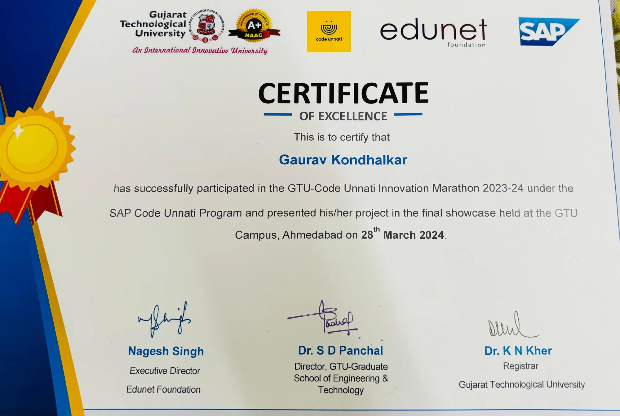 Certificate of Excellence from Gujarat Technological University, Edunet Foundation and SAP certifying Gaurav Kondhalkar presented his project at the GTU–Code Unnati Innovation Marathon 2023-24 final showcase on 28 March 2024.
