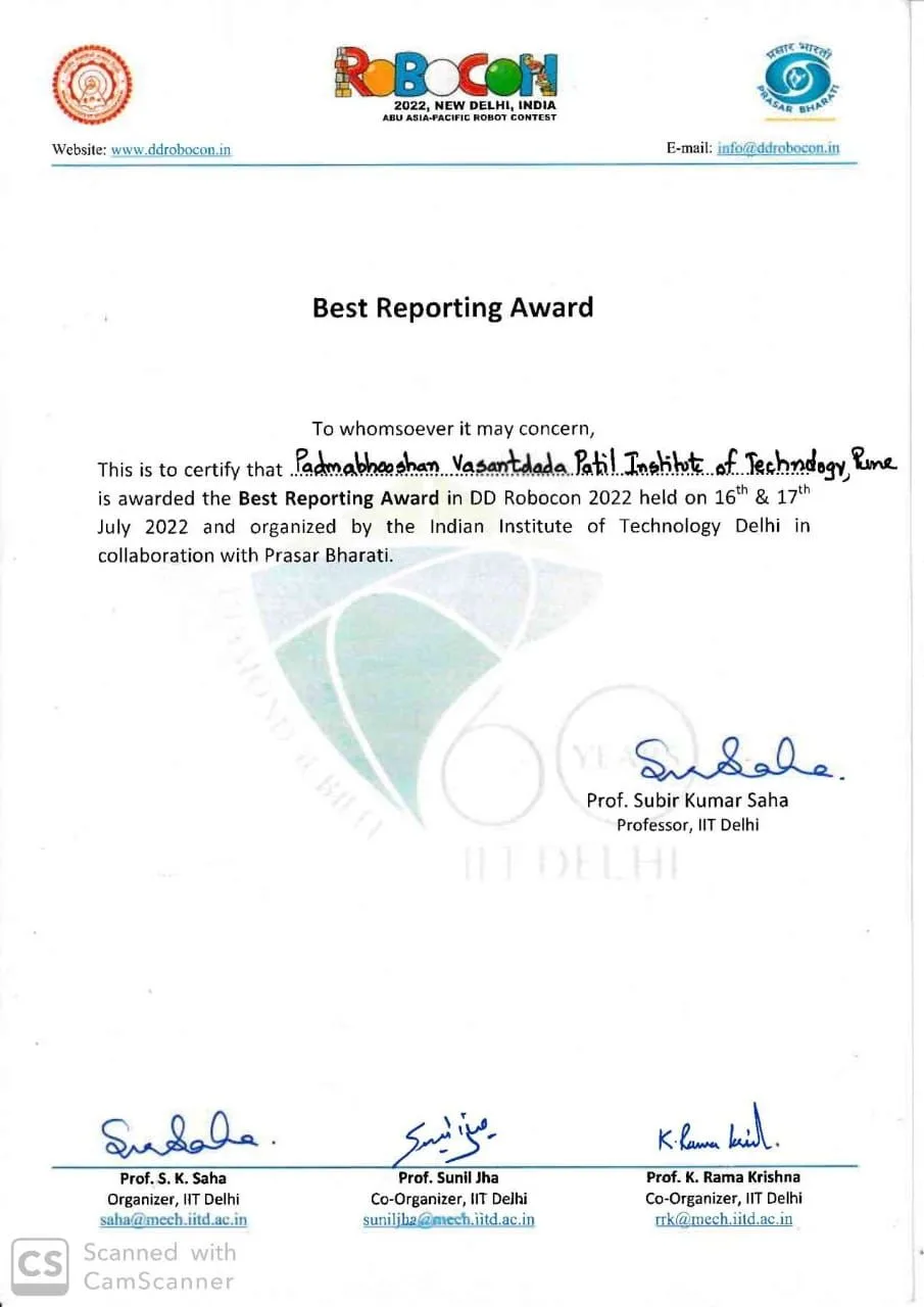 Best Reporting Award certificate issued to PVPIT Pune by IIT Delhi and Prasar Bharati for DD Robocon 2022, signed by Prof. Subir Kumar Saha.