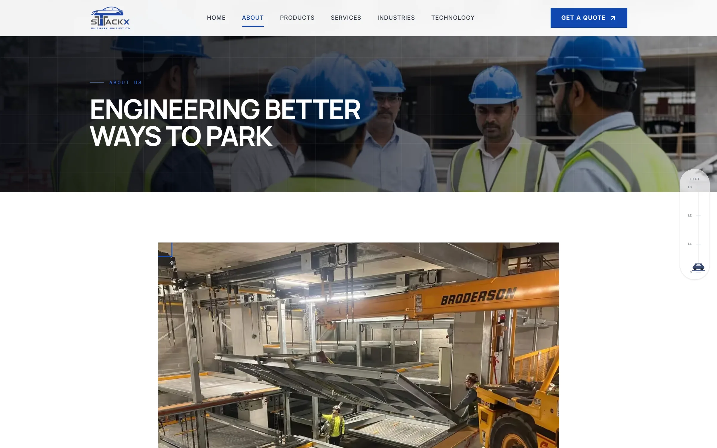 About page headed 'Engineering better ways to park' over a photograph of engineers in hard hats on site, followed by a photograph of a parking system mid-installation