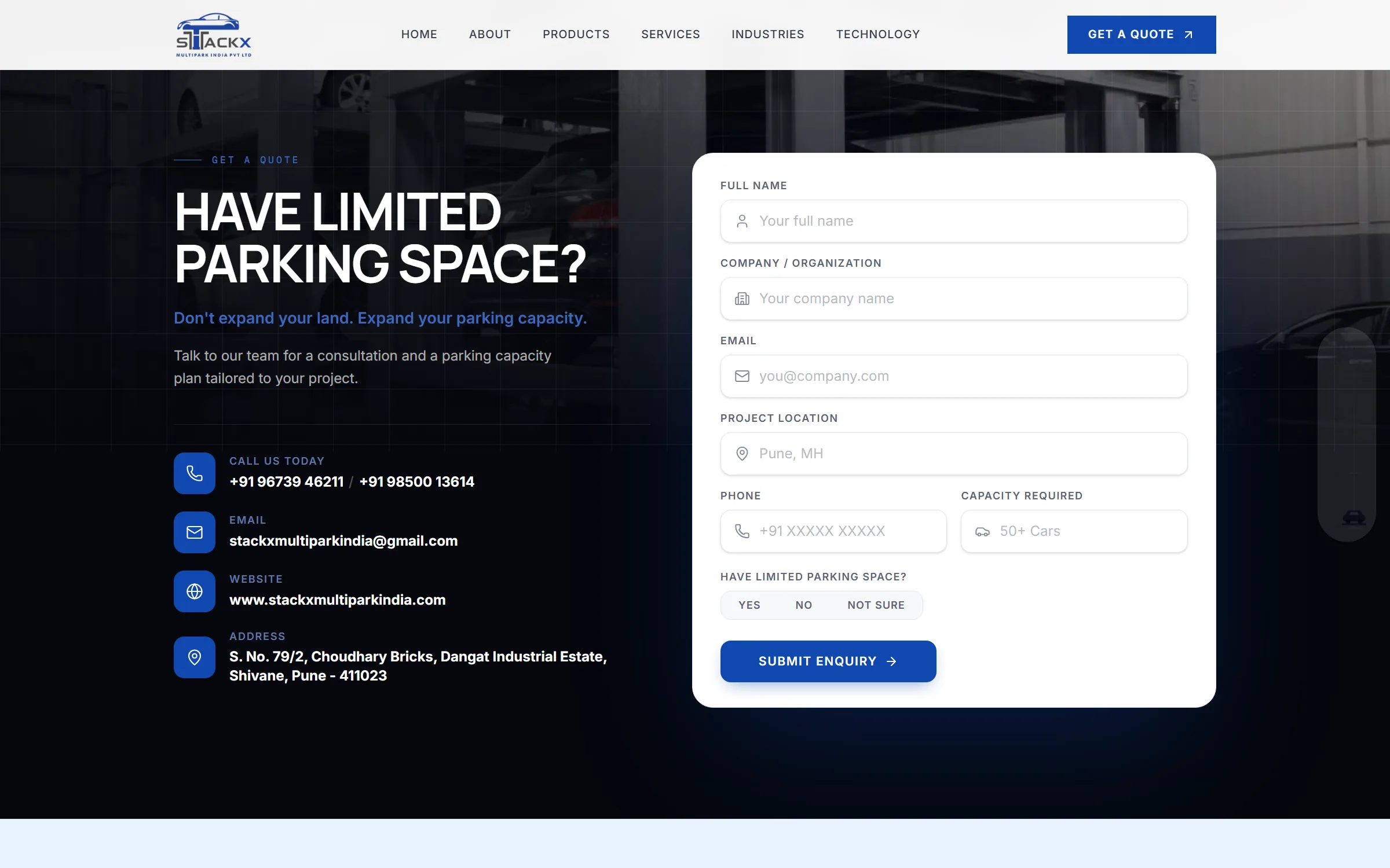 Contact page headed 'Have limited parking space?' with a quote form asking for name, company, email, project location, phone and required capacity, alongside the company's phone, email and address