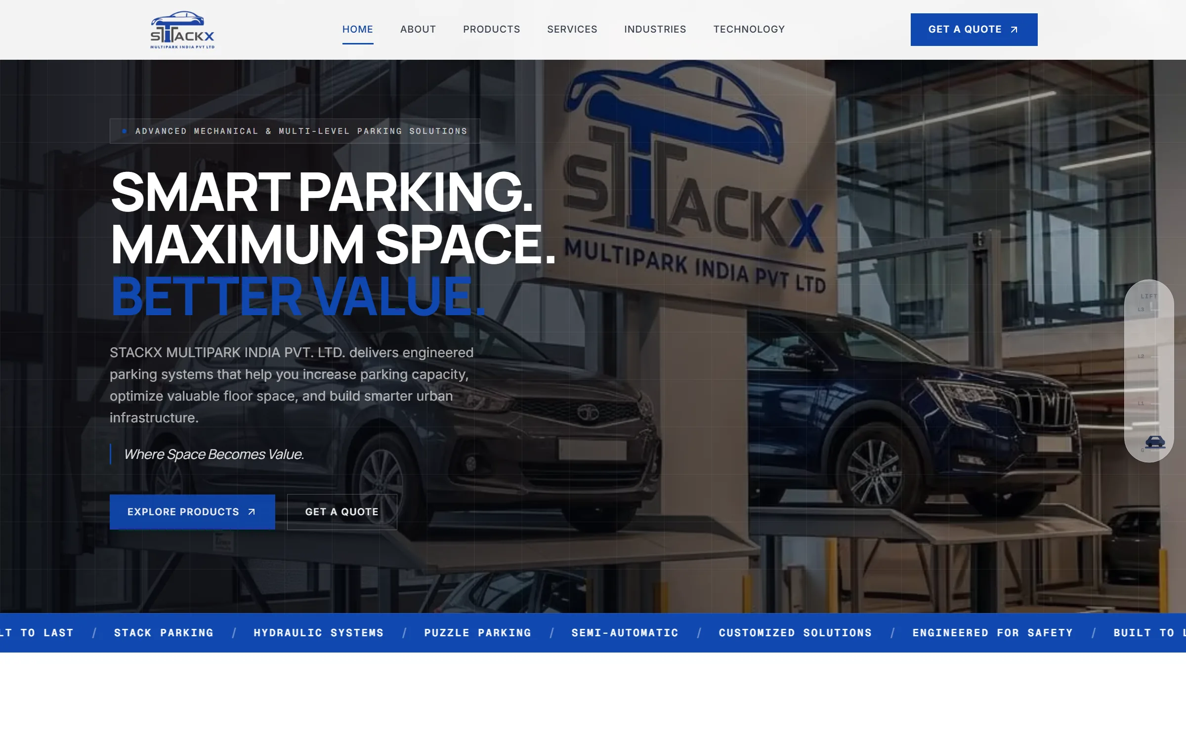 StackX Multipark India home page — a full-bleed hero reading 'Smart Parking. Maximum Space. Better Value.' over a photograph of a stack parking system