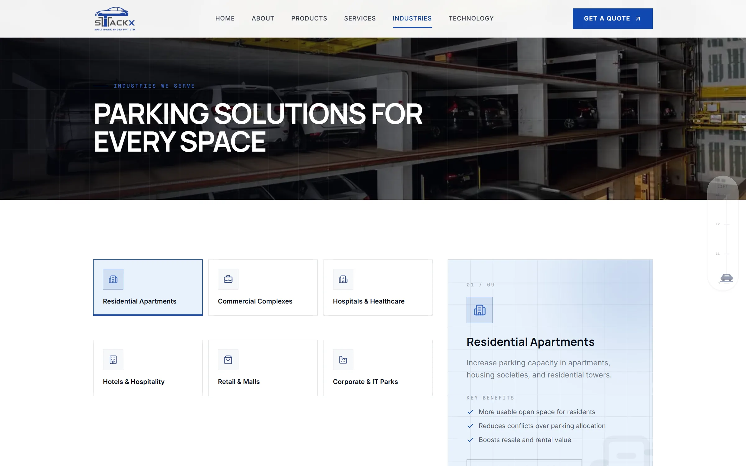 Industries page headed 'Parking solutions for every space', with a selectable grid of sectors beside a detail panel listing key benefits for the chosen sector