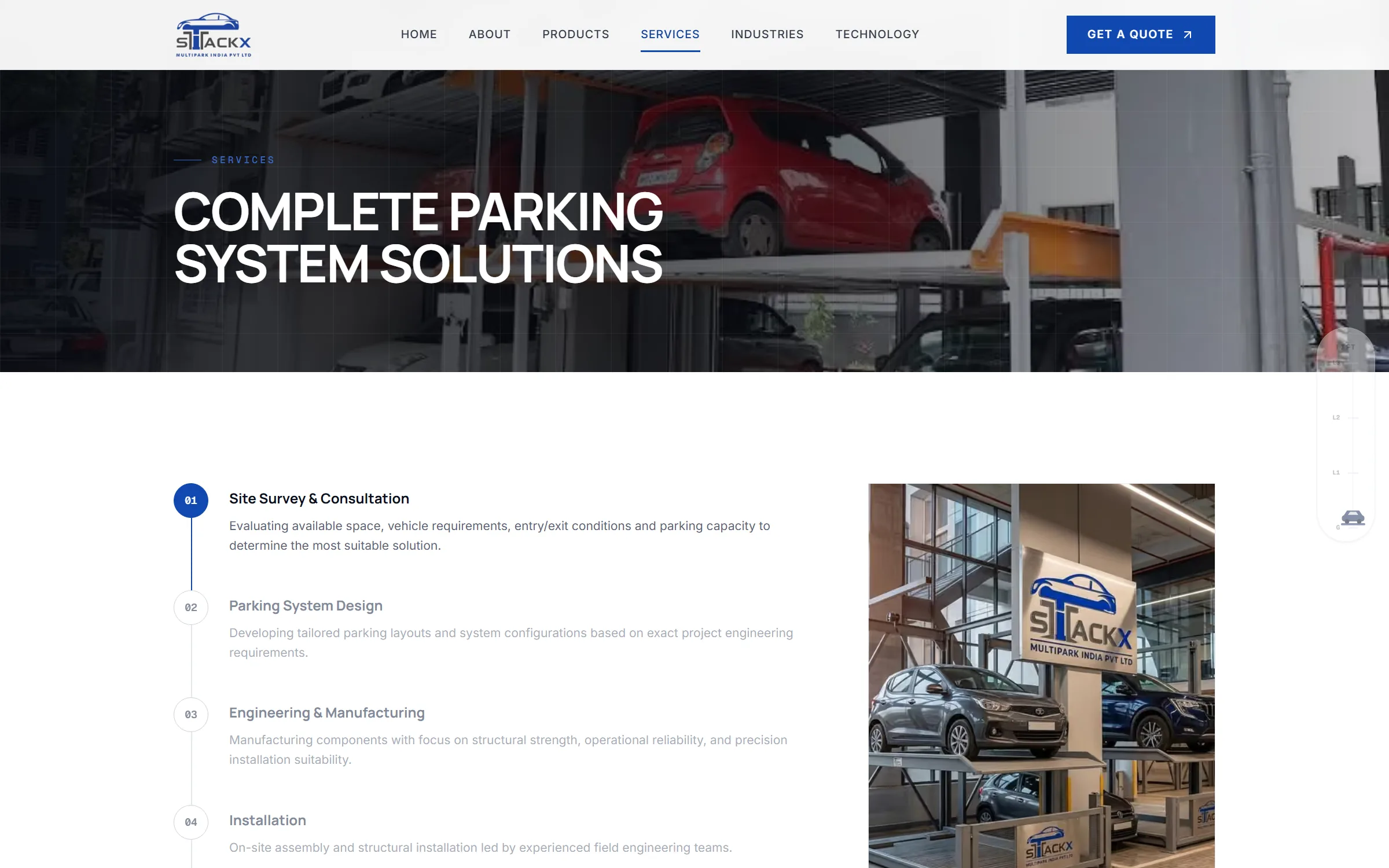 Services page showing a numbered vertical timeline: site survey and consultation, parking system design, engineering and manufacturing, then installation